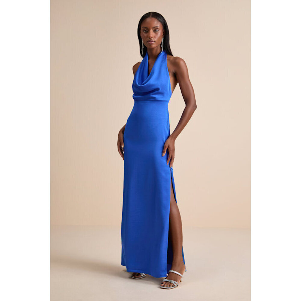 Lulus Carmelo Blue Satin Halter Neck Backless Maxi Dress - Size S NWT